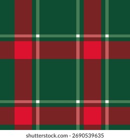 A classic, seamless Christmas plaid vector. Features a deep green background with overlapping stripes of rich and bright red, creating a traditional tartan. Ideal for festive backgrounds and textiles.