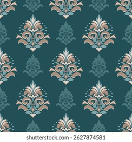 Padrão clássico de damasco sem costura com motivos florais ornamentados em tons de azul-petróleo, bege e creme. Ideal para papel de parede, design de tecido, embalagem, fundos de luxo e temas de decoração clássicos.