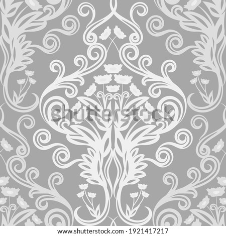 Classic seamless damask wallpaper. Gray and white vintage trendy ornament. Contemporary art fabric. Decor element in the interior, vector floral background 