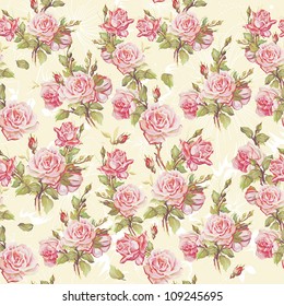 Classic Seamless floral background. Beautiful flower vector illustration. Elegance wallpaper with of pink roses on floral background.