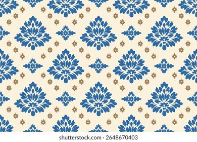 Classic seamless floral damask pattern in blue and beige with subtle brown accents. Perfect for vintage wallpapers, fabrics, and elegant home decor designs.