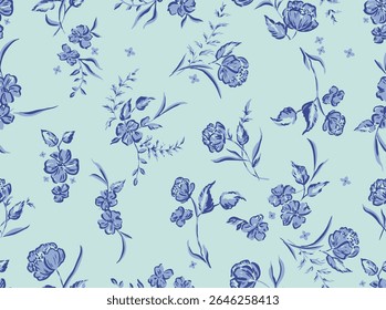 Classic seamless floral pattern featuring hand-drawn two-tone blue flowers and delicate leaves on a soft mint background. Perfect for womenswear, spring fashion collections, home textiles