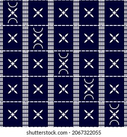 Classic seamless geometric pattern in white and dark blue color. Abstract small print for design of textiles, scarves, shawls, wallpapers, covers, packaging.