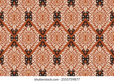 Classic Seamless pattern. Bold Terracotta Thai Motif Pattern with Black and Beige Accents. Vector Illustration for Elegant Textile Design.