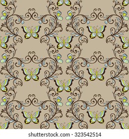 Classic seamless pattern with butterflies brown and blue.