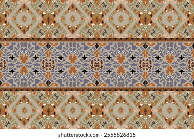 Classic Seamless pattern. Elegant Mixed Floral and Geometric Border Design with Earthy and Blue Tones. Vector Illustration for Elegant Textile Design.