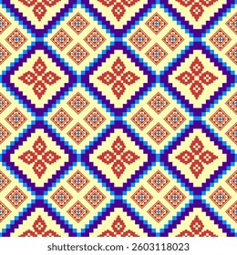 Classic seamless pattern with geometric diamond motifs and folk designs in red and navy blue on cream. Perfect for textile design, wallpaper, home decor, and craft projects.