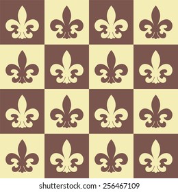 Classic seamless pattern with lily symbol on a plaid backdrop. Brown-yellow squares of the chessboard. Vector illustration like a tile. Can be used for background.