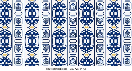 Classic seamless pattern in navy blue featuring stylized prisoner characters.