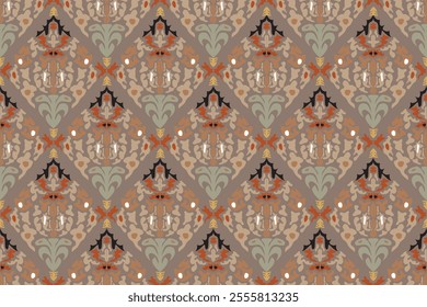 Classic Seamless pattern. Ornate Geometric Floral Pattern with Earthy Tones for Fabric Design. Vector Illustration for Elegant Textile Design.