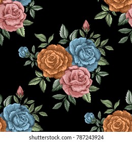 Classic seamless pattern with roses for design of fabric, textile, wallpaper, texture. Beautiful vector background with flowers