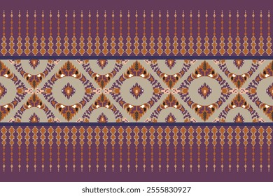 Classic Seamless pattern. Royal Purple Geometric and Floral Border Design with Warm Earthy Accents. Vector Illustration for Elegant Textile Design.