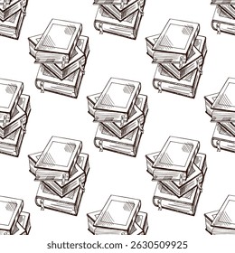 Classic seamless pattern with stacks of vintage books in retro sketch style. Ideal for book-themed projects, stationery, packaging, wallpaper and educational designs.