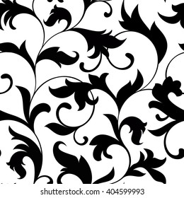 Classic seamless pattern. Tracery of twisted stalks  with decorative leaves on a white background. Vintage style
