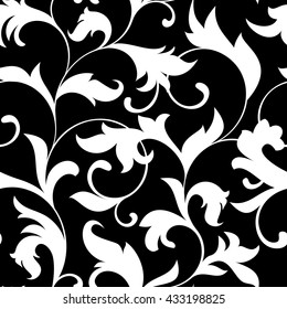 Classic seamless pattern. Tracery of twisted stalks with decorative leaves on a black background. Vintage style