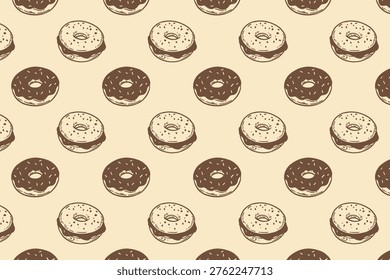 Classic seamless pattern of various hand-drawn donuts with sprinkles and glaze. Fun and appetizing vintage design for donut shops, dessert packaging, and vibrant kitchen decor.