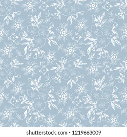Classic seamless pattern with white flowers on a blue background