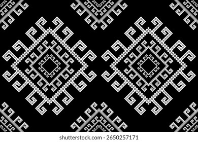 Classic seamless pixel art pattern ,bold ethnic geometric diamond motifs in timeless black and white. Ideal for textile design, fashion prints, cultural backgrounds,digital projects ,graphic aesthetic