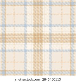 A classic, seamless plaid pattern featuring soft blue and tan lines on a cream background. This elegant textile texture evokes feelings of cozy comfort and timeless style. No people, nobody.