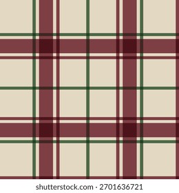 Um clássico padrão de xadrez sem costura em borgonha festiva, verde e creme. Este design elegante e tradicional tartan para fundos de férias, tecido, papel de parede e papel de embrulho.