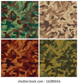 A classic seamless vector camouflage pattern in four colorways. Repeat size is 6".