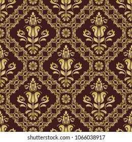 Classic seamless vector pattern. Damask orient brown and golden ornament. Classic vintage background. Orient ornament for fabric, wallpaper and packaging