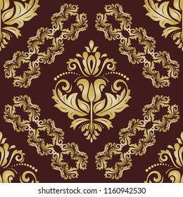 Classic seamless vector pattern. Damask orient ornament. Classic vintage background. Brown and golden orient ornament for fabric, wallpaper and packaging