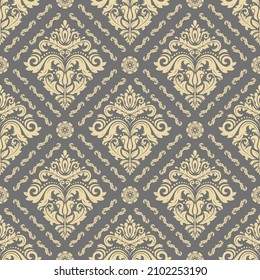 Classic seamless vector pattern. Damask orient gray and yellow ornament. Classic vintage background. Orient ornament for fabric, wallpapers and packaging