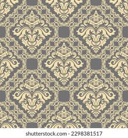 Classic seamless vector pattern. Damask gray and yellow orient ornament. Classic vintage background. Orient pattern for fabric, wallpapers and packaging