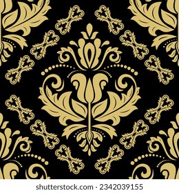 Motif vectoriel classique harmonieux. Bon sang, un ornement original. Arrière-plan noir et doré vintage classique. Motif d'orientation pour le tissu, les papiers peints et l'emballage