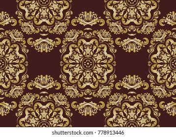 Classic seamless vector pattern. Damask orient ornament. Classic vintage brown and golden background