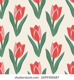 Um padrão de vetor sem costura clássico de tulipas vermelhas e cor-de-rosa desenhadas à mão. Esta ilustração botânica encantadora sobre um fundo de creme tem uma sensação de primavera fresca, alegre e vintage-inspirado.