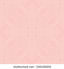 Patrón blanco y rosa de vector clásico sin costuras. Ornamento del oriente de Damasco. Fondo clásico vintage. Patrón de orientación para tejidos, papel pintado y embalaje