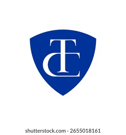 A classic and secure shield logo in deep blue, prominently displaying intertwined white serif letters "T" and "E".