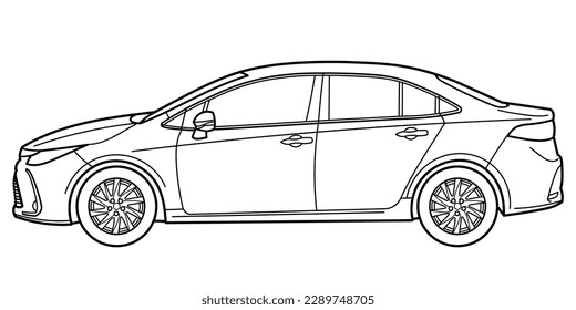 Classic sedan car. 4 door car on white background. Side view shot. Outline doodle vector illustration.	