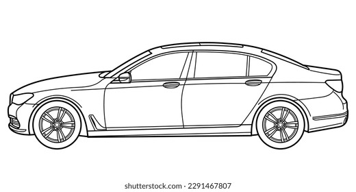 Classic sedan car. 4 door car on white background. Side view shot. Outline doodle vector illustration