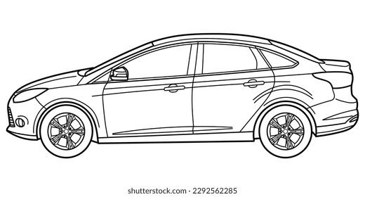Classic sedan car. 4 door car on white background. Side view shot. Outline doodle vector illustration