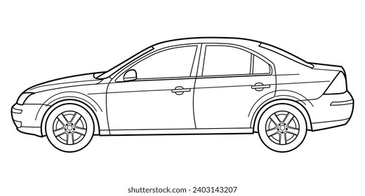 Classic sedan car. 4 door car on white background. Side view shot. Outline doodle vector illustration