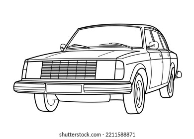 Classic sedan car 70s style on white background. Cartoon vector doodle illustration. 3D view.