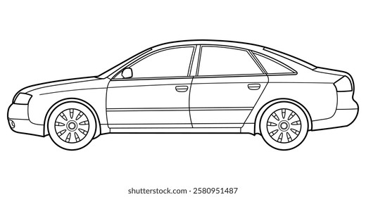 classic sedan car. Different five view shot - front, rear, side and 3d. Outline doodle vector illustration