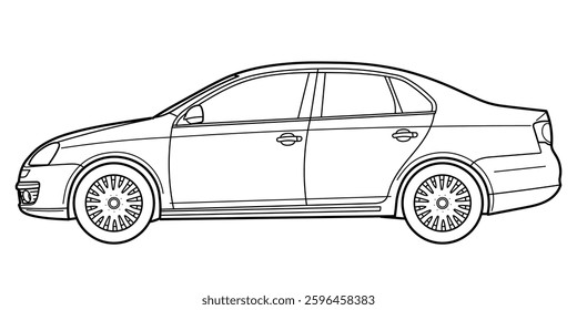 classic sedan car. Different five view shot - front, rear, side and 3d. Outline doodle vector illustration