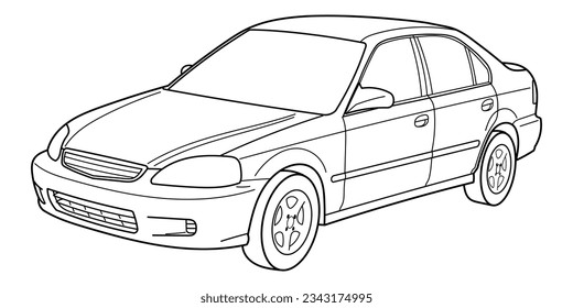 Classic sedan car. Side and front 3d view shot. Outline doodle vector illustration. Design for print, coloring book	