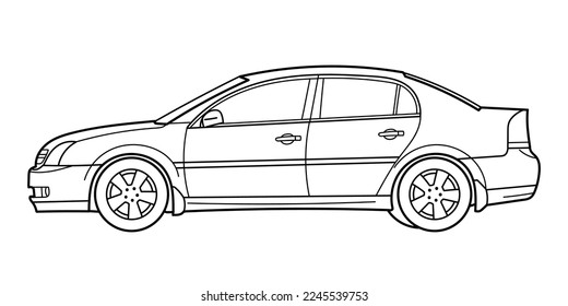 Classic sedan car. Side view shot. Outline doodle vector illustration. Design for print, coloring book