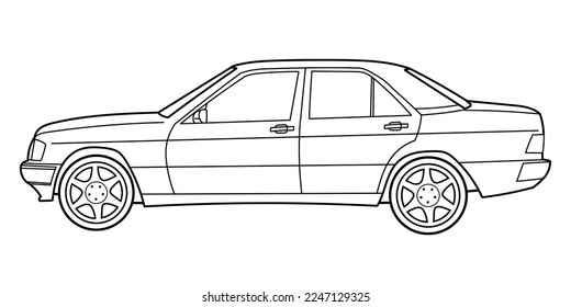 Classic sedan car. Side view shot. Outline doodle vector illustration. Design for print, coloring book	
