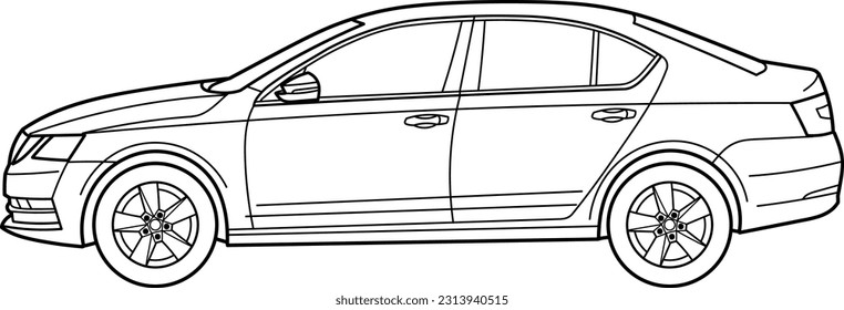 Classic sedan car. Side view shot. Outline doodle vector illustration. Design for print, coloring book	