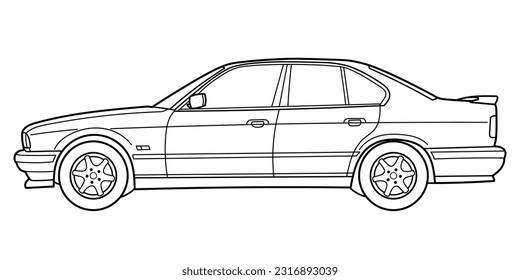 Classic sedan car. Side view shot. Outline doodle vector illustration. Design for print, coloring book	
