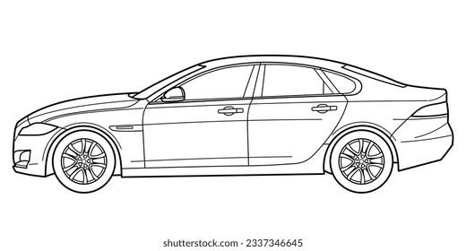 Classic sedan car. Side view shot. Outline doodle vector illustration. Design for print, coloring book	
