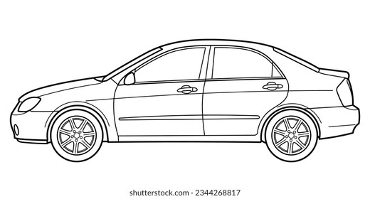 Classic sedan car. Side view shot. Outline doodle vector illustration. Design for print, coloring book	
