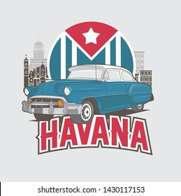 Classic sedan isolated vector illustration on Cuban vintage poster design. 