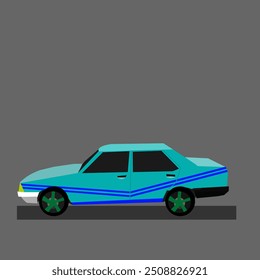 A classic sedan in a vibrant blue hue, adorned with striking blue stripes